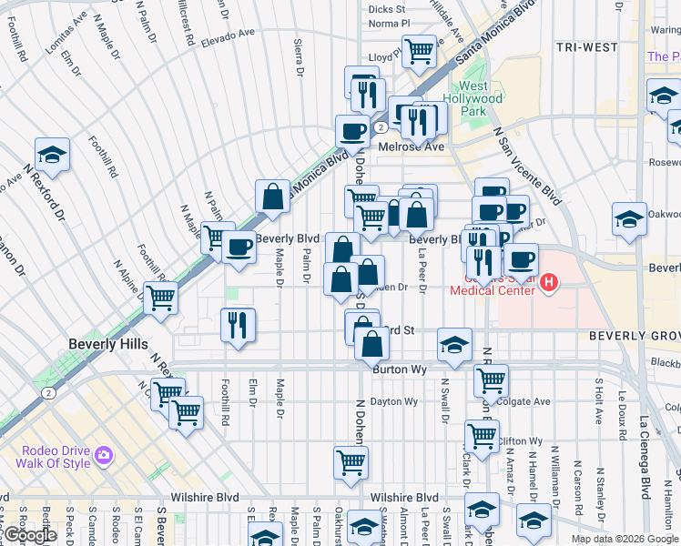 map of restaurants, bars, coffee shops, grocery stores, and more near 400 North Oakhurst Drive in Beverly Hills