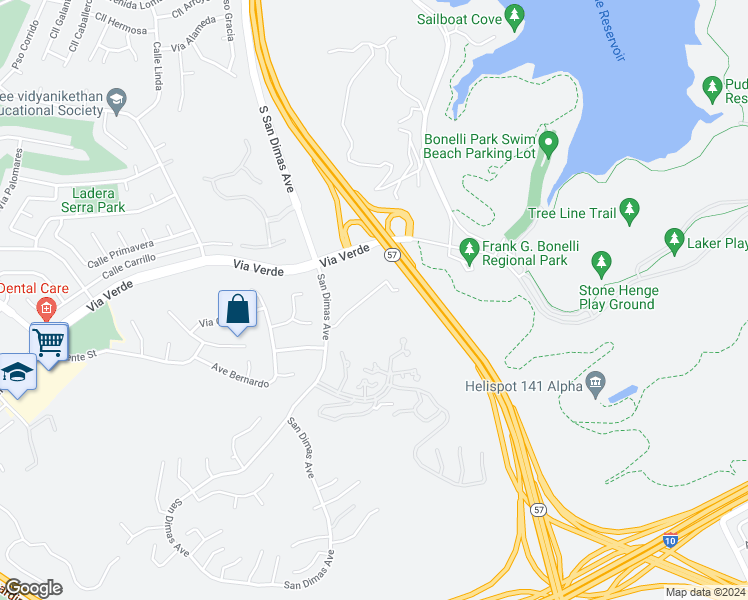 map of restaurants, bars, coffee shops, grocery stores, and more near 204 Calle Rosa in San Dimas