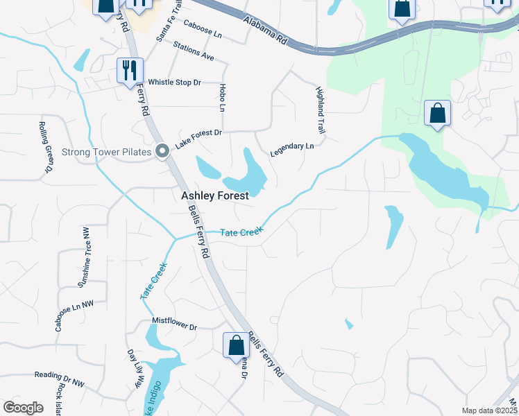 map of restaurants, bars, coffee shops, grocery stores, and more near 601 Ashley Forest Drive Northwest in Acworth
