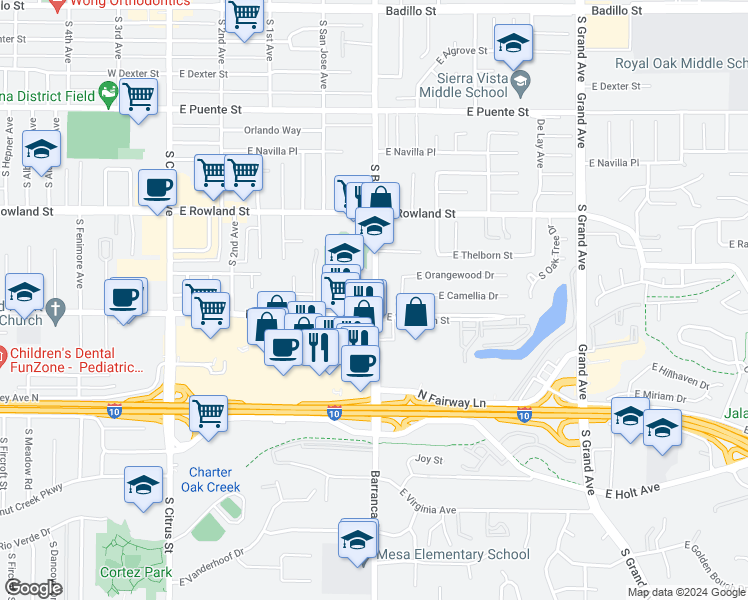 map of restaurants, bars, coffee shops, grocery stores, and more near 851 South Barranca Avenue in Covina