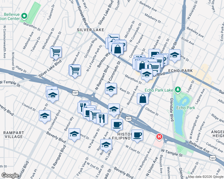 map of restaurants, bars, coffee shops, grocery stores, and more near 701 Coronado Terrace in Los Angeles