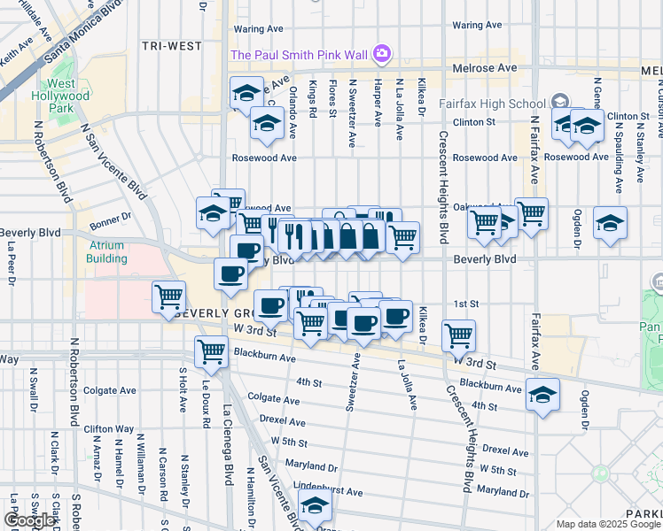 map of restaurants, bars, coffee shops, grocery stores, and more near 136 North Flores Street in Los Angeles