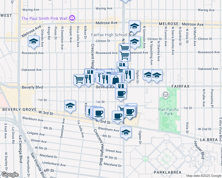 map of restaurants, bars, coffee shops, grocery stores, and more near 138 North Edinburgh Avenue in Los Angeles