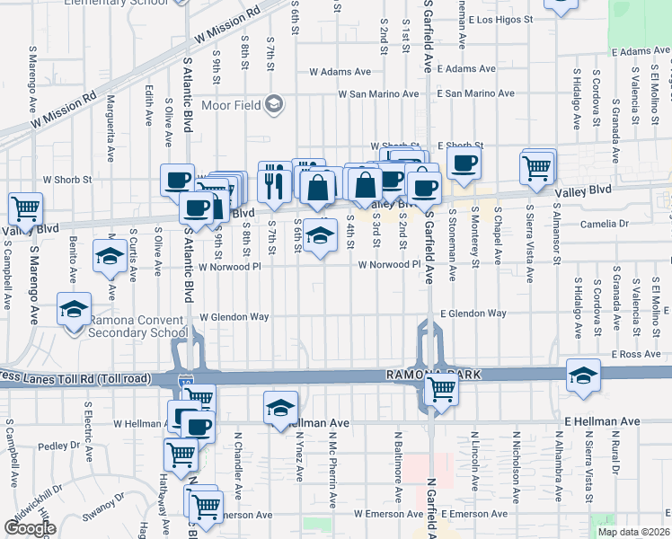 map of restaurants, bars, coffee shops, grocery stores, and more near 412 West Norwood Place in Alhambra