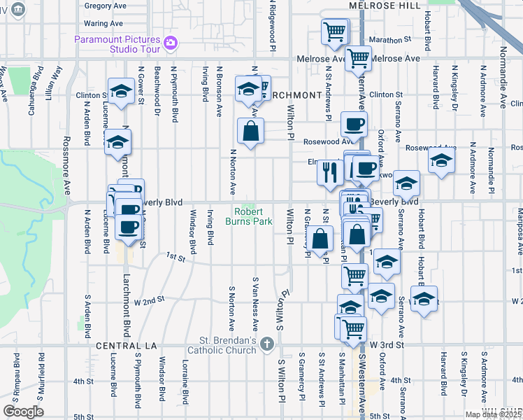map of restaurants, bars, coffee shops, grocery stores, and more near 224 North Van Ness Avenue in Los Angeles