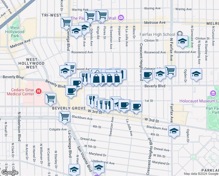 map of restaurants, bars, coffee shops, grocery stores, and more near 136 North Flores Street in Los Angeles