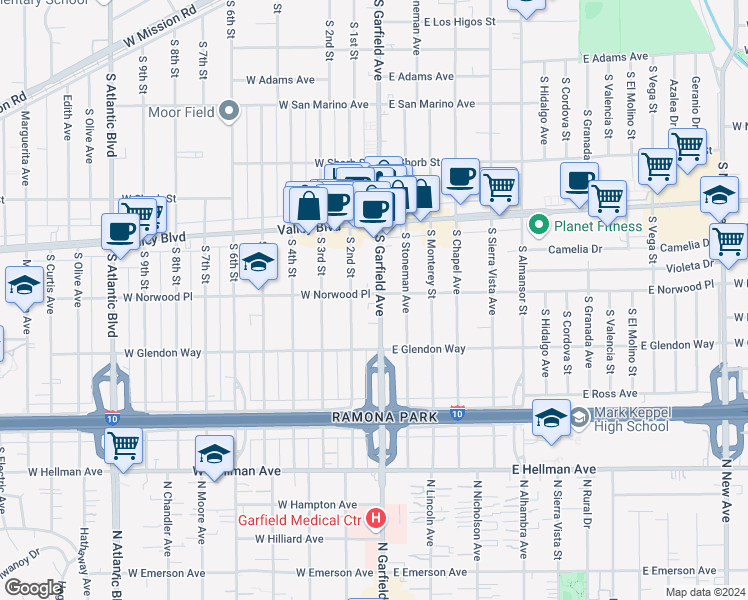 map of restaurants, bars, coffee shops, grocery stores, and more near 1611 South Garfield Avenue in Alhambra