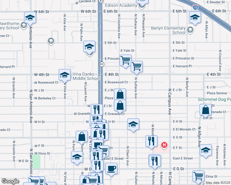 map of restaurants, bars, coffee shops, grocery stores, and more near East Jay Street in Ontario
