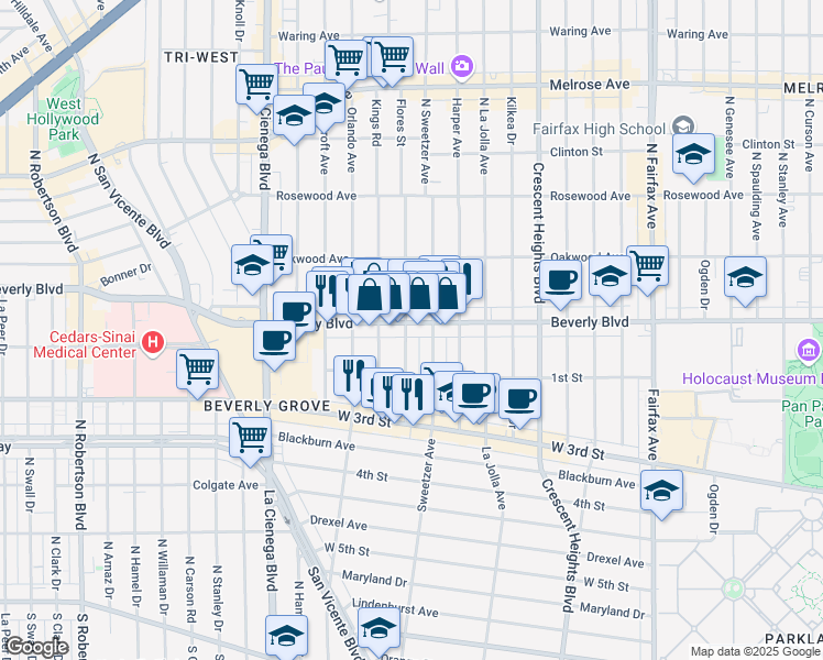 map of restaurants, bars, coffee shops, grocery stores, and more near 136 North Flores Street in Los Angeles