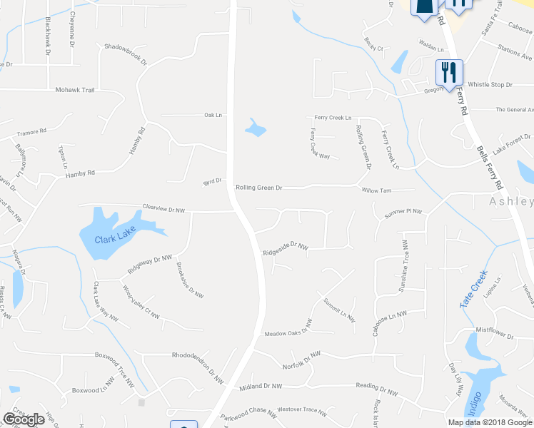 map of restaurants, bars, coffee shops, grocery stores, and more near 1241 Wade Green Court Northwest in Acworth