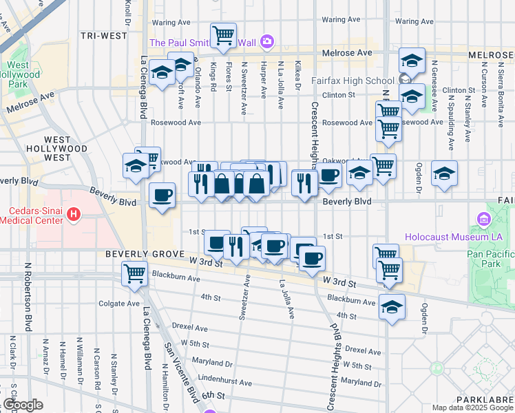 map of restaurants, bars, coffee shops, grocery stores, and more near 136 North Sweetzer Avenue in Los Angeles