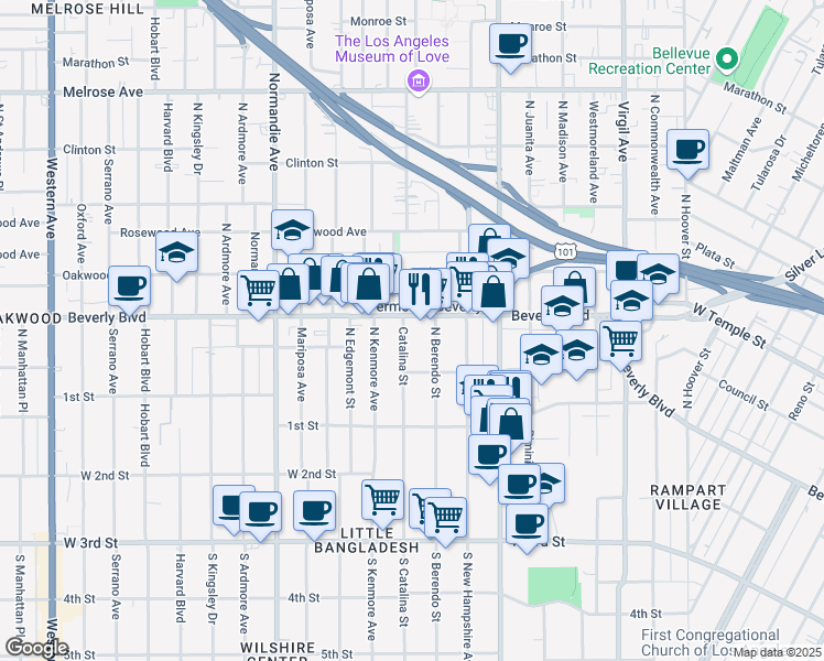 map of restaurants, bars, coffee shops, grocery stores, and more near 246 Catalina Street in Los Angeles