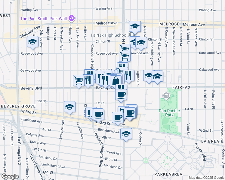 map of restaurants, bars, coffee shops, grocery stores, and more near 7958 Beverly Boulevard in Los Angeles
