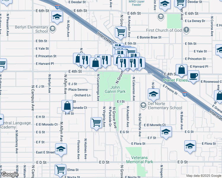 map of restaurants, bars, coffee shops, grocery stores, and more near 1072 North Grove Avenue in Ontario