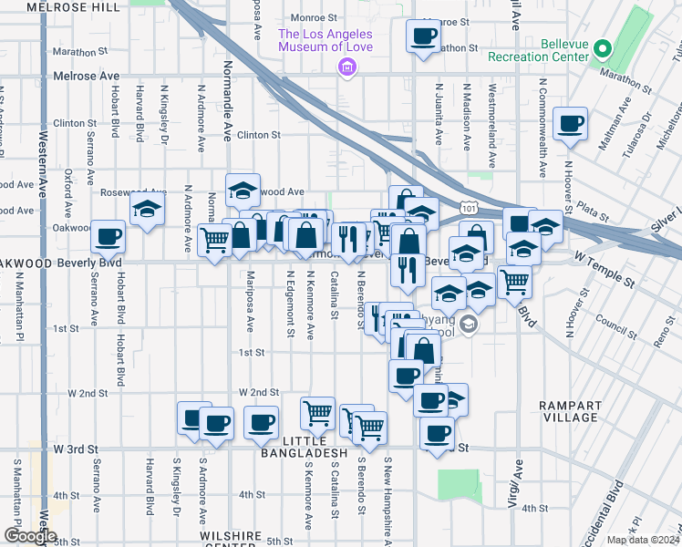map of restaurants, bars, coffee shops, grocery stores, and more near 246 Catalina Street in Los Angeles