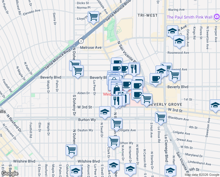 map of restaurants, bars, coffee shops, grocery stores, and more near 122 North Clark Drive in Los Angeles