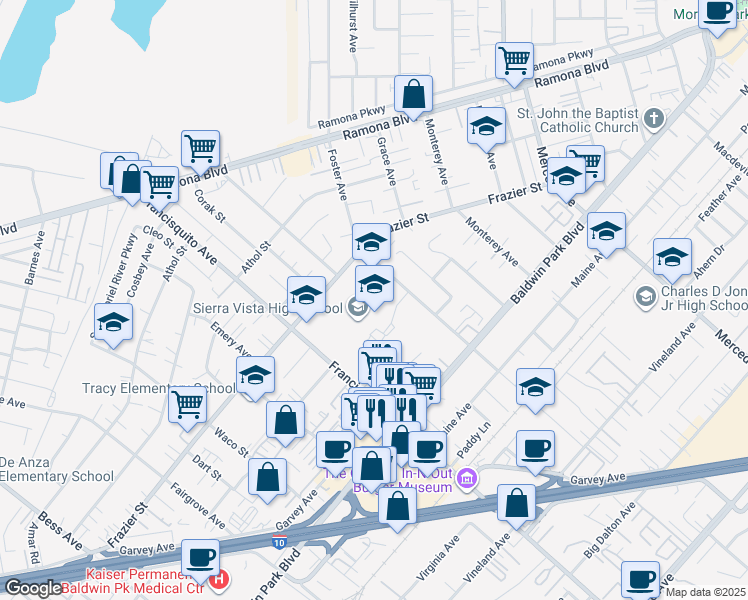 map of restaurants, bars, coffee shops, grocery stores, and more near 13400 Foster Avenue in Baldwin Park