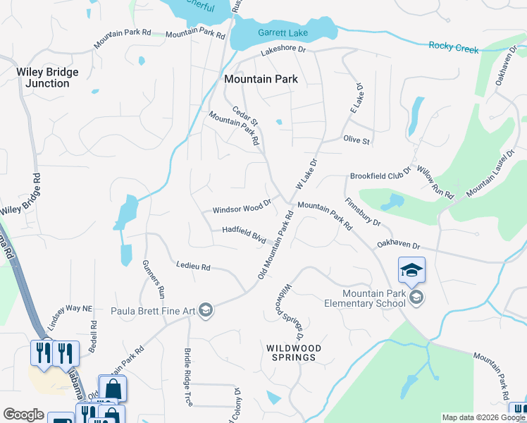 map of restaurants, bars, coffee shops, grocery stores, and more near 1790 Windsor Wood Drive in Roswell