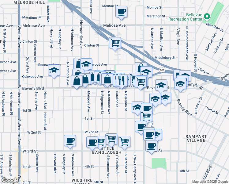map of restaurants, bars, coffee shops, grocery stores, and more near 247 South Catalina Street in Los Angeles