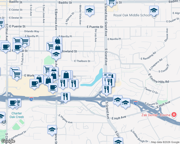 map of restaurants, bars, coffee shops, grocery stores, and more near 756 East Camellia Drive in Covina