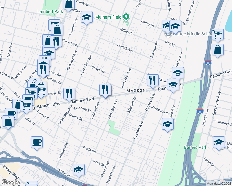 map of restaurants, bars, coffee shops, grocery stores, and more near 12101 Ramona Boulevard in El Monte