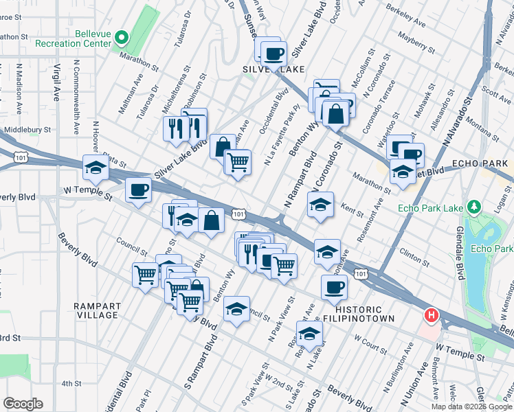 map of restaurants, bars, coffee shops, grocery stores, and more near in Los Angeles
