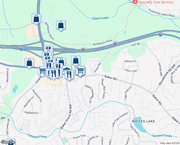 map of restaurants, bars, coffee shops, grocery stores, and more near 5007 Kathryn Glen Drive Northwest in Acworth