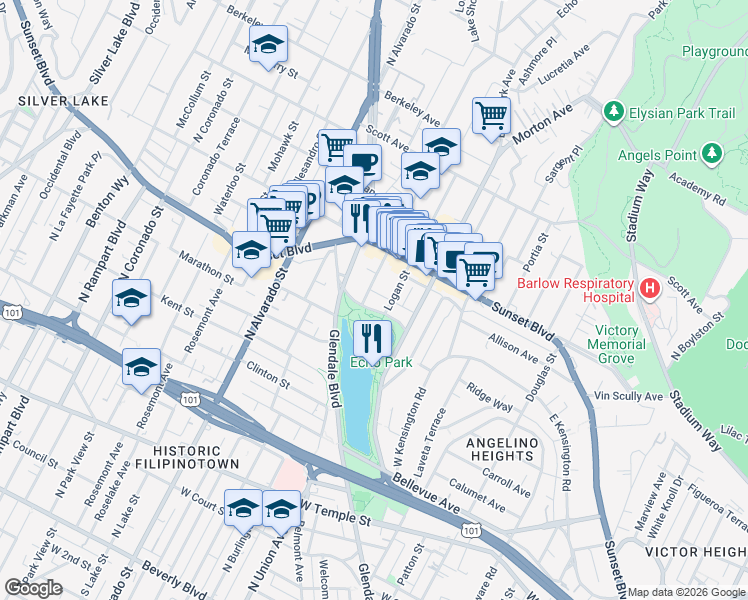 map of restaurants, bars, coffee shops, grocery stores, and more near 1713 Park Avenue in Los Angeles