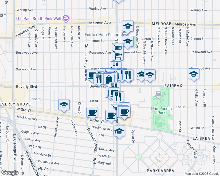 map of restaurants, bars, coffee shops, grocery stores, and more near 111 North Fairfax Avenue in Los Angeles