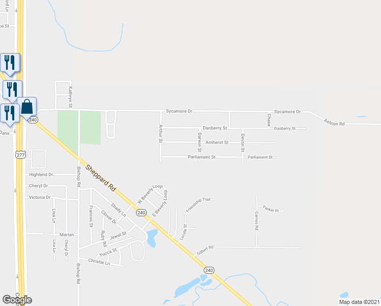 map of restaurants, bars, coffee shops, grocery stores, and more near 1219 Parliament Street in Burkburnett