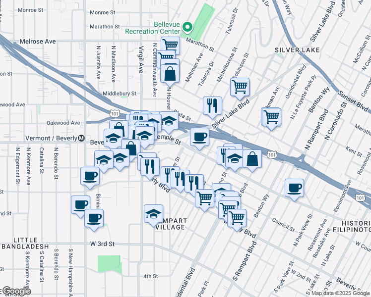 map of restaurants, bars, coffee shops, grocery stores, and more near 245 Robinson Street in Los Angeles