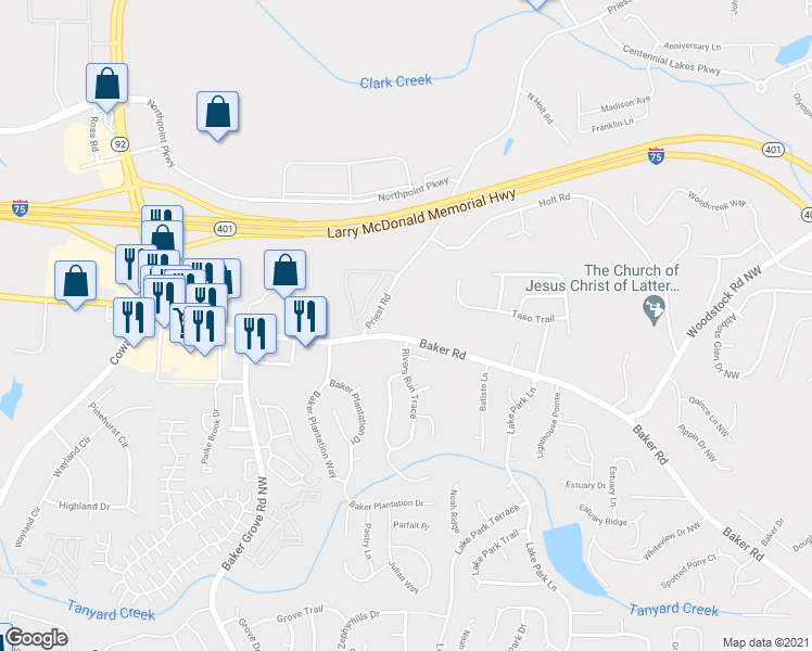 map of restaurants, bars, coffee shops, grocery stores, and more near 3210 Baker Road in Acworth