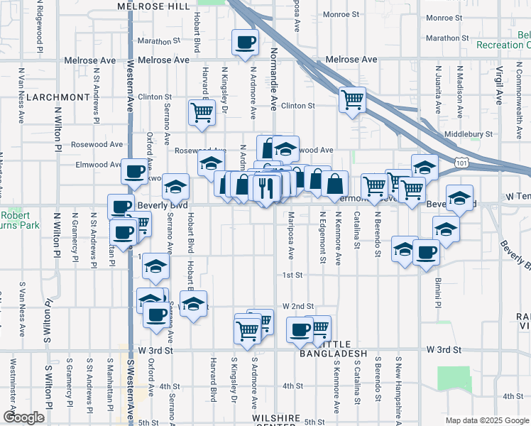 map of restaurants, bars, coffee shops, grocery stores, and more near 201 North Normandie Avenue in Los Angeles
