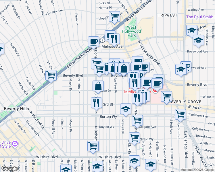 map of restaurants, bars, coffee shops, grocery stores, and more near 104 North Almont Drive in West Hollywood