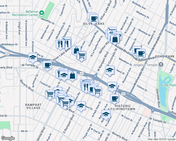 map of restaurants, bars, coffee shops, grocery stores, and more near 2710 Bellevue Avenue in Los Angeles