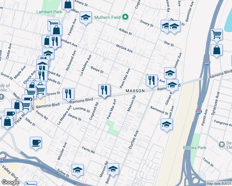 map of restaurants, bars, coffee shops, grocery stores, and more near 12105 Ramona Boulevard in El Monte