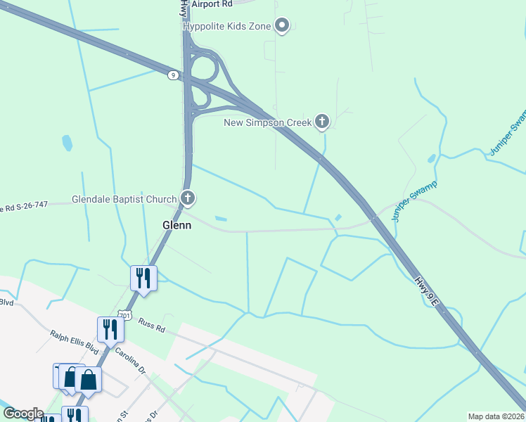 map of restaurants, bars, coffee shops, grocery stores, and more near 251 State Highway 747 in Loris