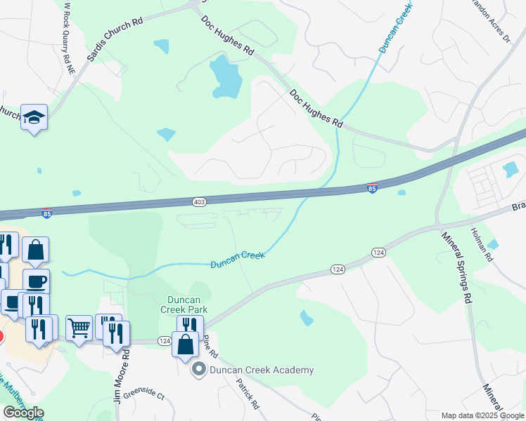 map of restaurants, bars, coffee shops, grocery stores, and more near 2275 Rock Quarry Road East in Buford