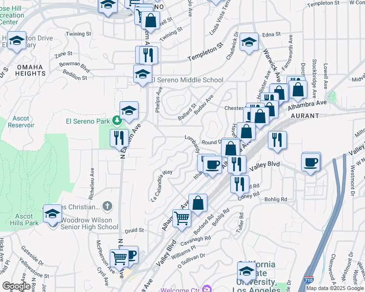 map of restaurants, bars, coffee shops, grocery stores, and more near 5104 Kimball Street in Los Angeles