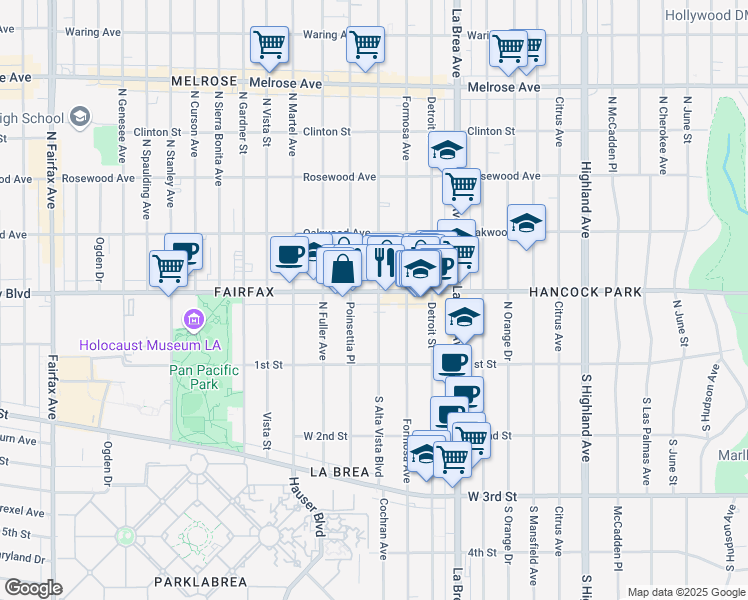 map of restaurants, bars, coffee shops, grocery stores, and more near 166 North Alta Vista Boulevard in Los Angeles