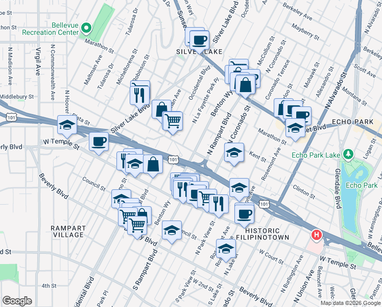 map of restaurants, bars, coffee shops, grocery stores, and more near West Bellevue Avenue in Los Angeles