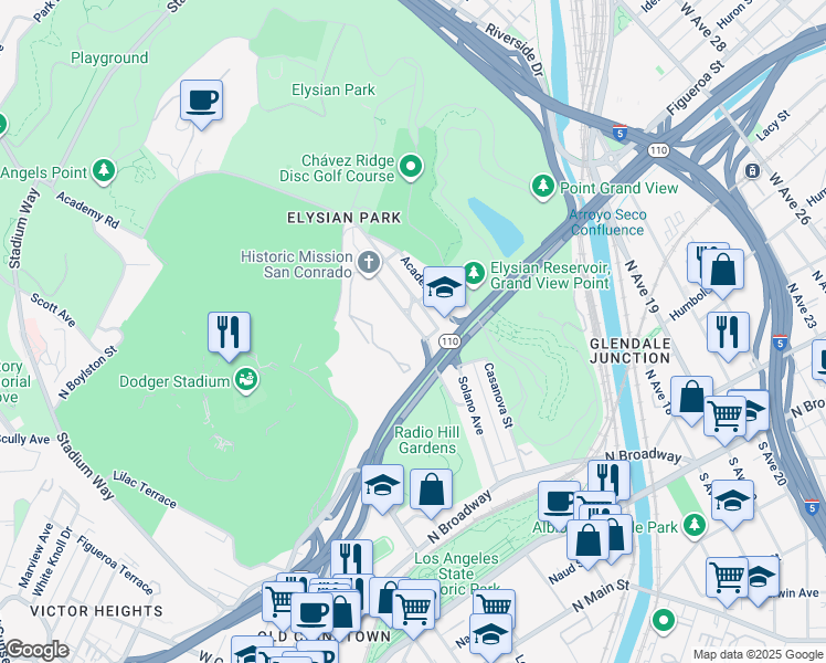 map of restaurants, bars, coffee shops, grocery stores, and more near 650 Amador Street in Los Angeles