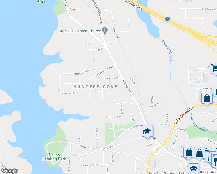 map of restaurants, bars, coffee shops, grocery stores, and more near 4885 Robinson Square Drive in Acworth