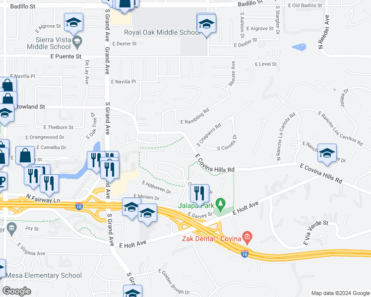 map of restaurants, bars, coffee shops, grocery stores, and more near 756 Rancho Sinaloa Drive in Covina