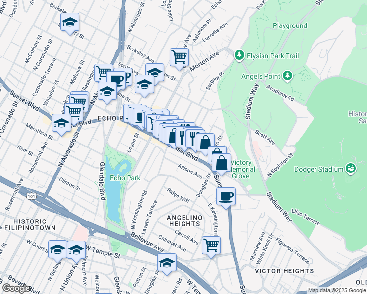 map of restaurants, bars, coffee shops, grocery stores, and more near 1467 West Sunset Boulevard in Los Angeles