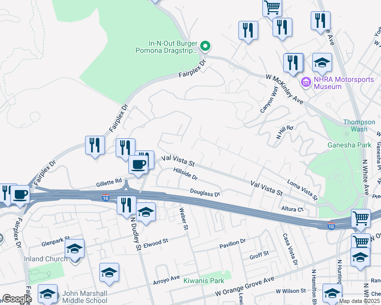 map of restaurants, bars, coffee shops, grocery stores, and more near 1333 Val Vista Street in Pomona