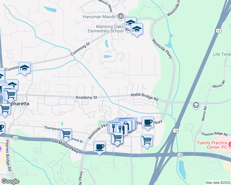 map of restaurants, bars, coffee shops, grocery stores, and more near in Alpharetta