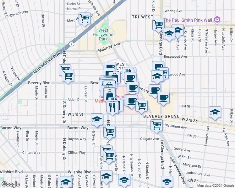 map of restaurants, bars, coffee shops, grocery stores, and more near 8723 Alden Drive in Los Angeles