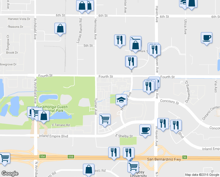 map of restaurants, bars, coffee shops, grocery stores, and more near 1022 Hermosa Avenue in Ontario