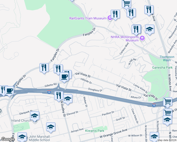 map of restaurants, bars, coffee shops, grocery stores, and more near 1333 Val Vista Street in Pomona